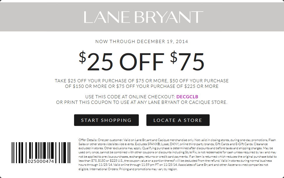 Lane Bryant Coupon April 2024 $25 off $75 & more at Lane Bryant & Cacique, or online via promo code DECGCLB