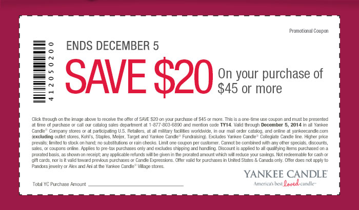 Yankee Candle Coupon April 2024 $20 off $45 at Yankee Candle, or online via promo code TY14