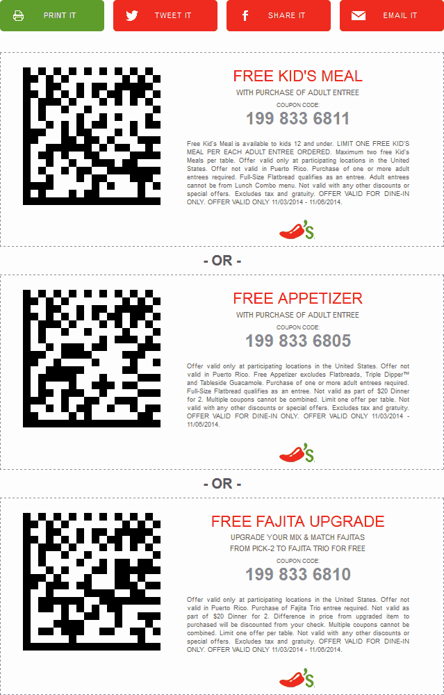 Chilis Coupon April 2024 Free appetizer, kids meal & more with your entree at Chilis
