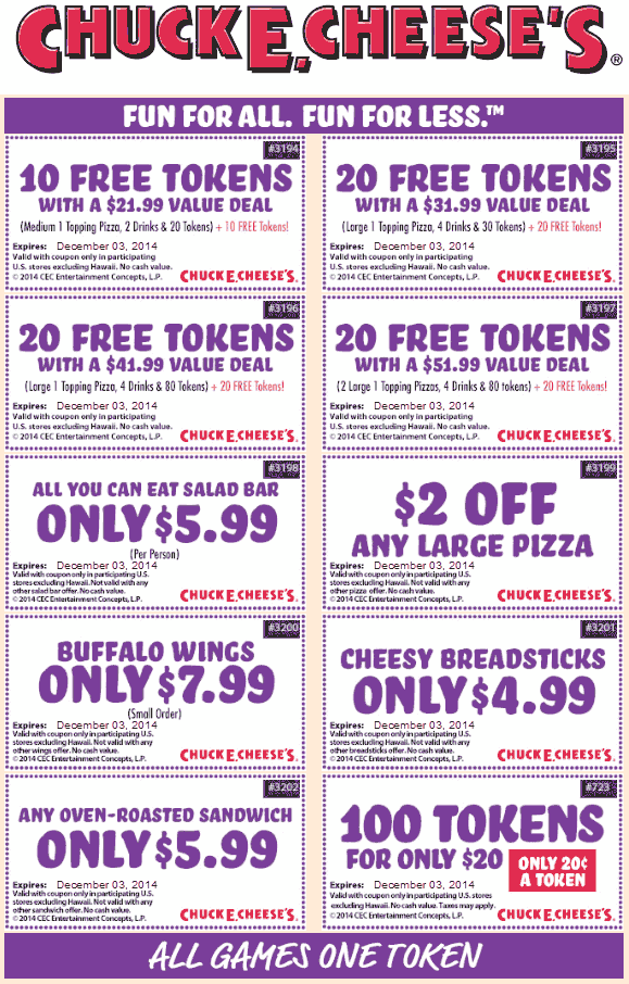 Chuck E. Cheese Coupon April 2024 100 tokens for $20 & more at Chuck E. Cheese pizza