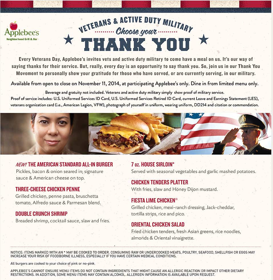 Applebees Coupon April 2024 Veterans & active enjoy a free meal Tuesday at Applebees