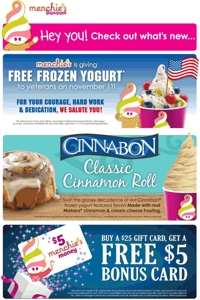 Menchies Coupon March 2024 Free frozen yogurt for veterans Tuesday at Menchies