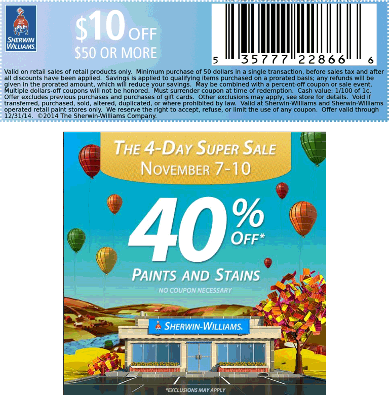 Sherwin Williams Coupon April 2024 40% off paint & stain + $10 off $50 at Sherwin Williams