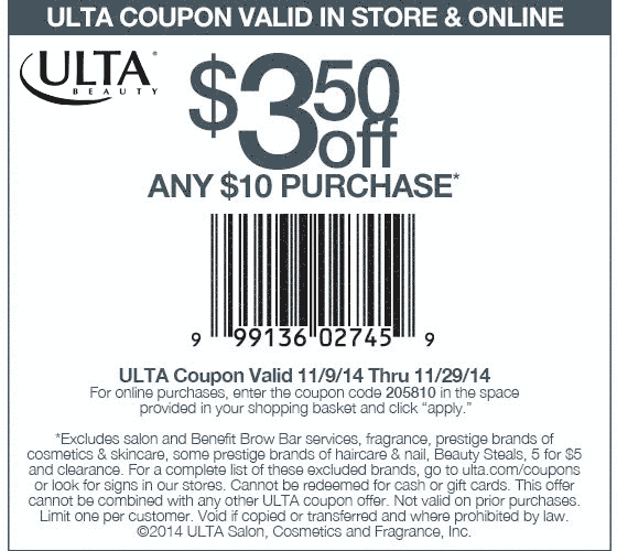 Ulta Coupon April 2024 $3.50 off $10 at Ulta, or online via promo code 205810