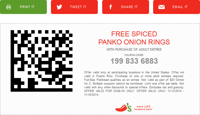 Chilis Coupon April 2024 Free onion rings with your entree at Chilis