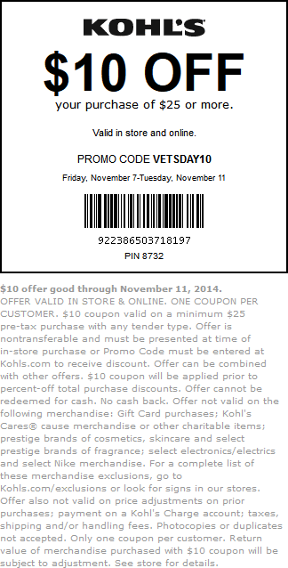 Kohls Coupon April 2024 $10 off $25 today at Kohls, or online via promo code VETSDAY10