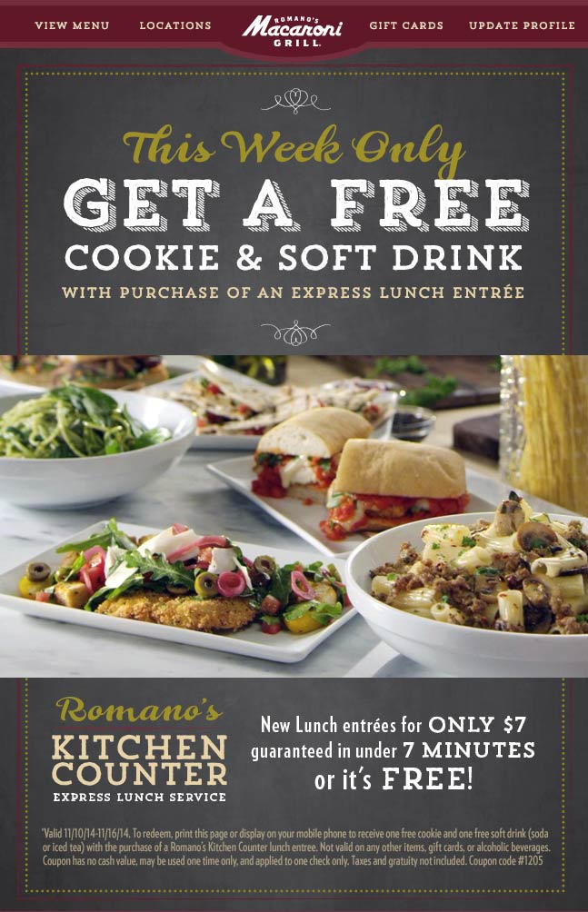 Macaroni Grill Coupon April 2024 Free drink & cookie with your 7minutes-or-free lunch at Romanos Macaroni Grill