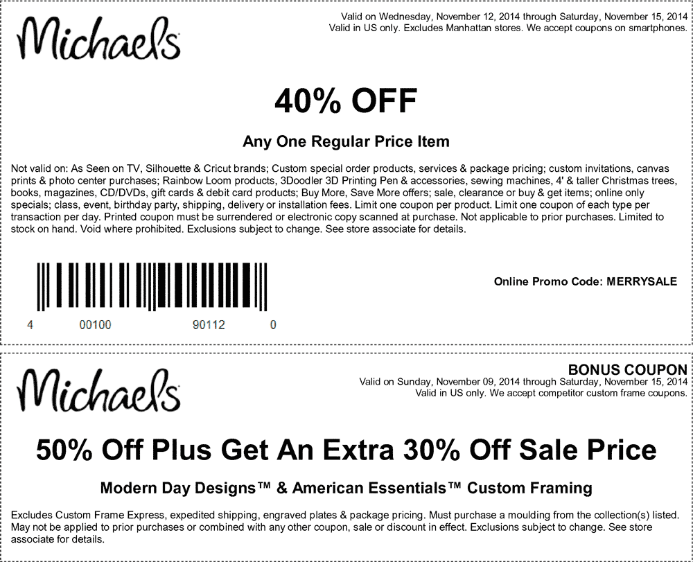 Michaels Coupon April 2024 40% off a single item at Michaels, or online via promo code MERRYSALE