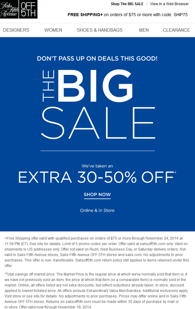 OFF 5TH Coupon April 2024 Extra 30-50% off at Saks OFF 5TH, ditto online