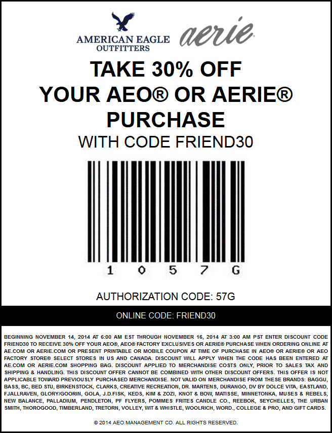 American Eagle Outfitters Coupon April 2024 30% off at American Eagle Outfitters & Aerie, or online via promo code FRIEND30