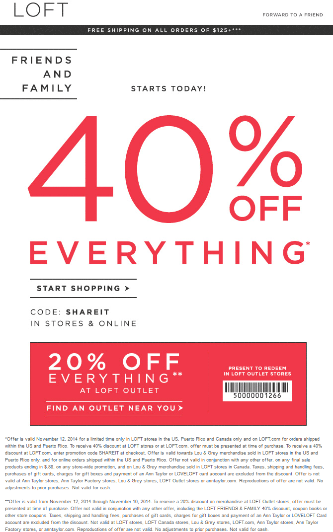 LOFT Coupon April 2024 40% off at LOFT, or online via promo code SHAREIT - extra 20% at outlet locations