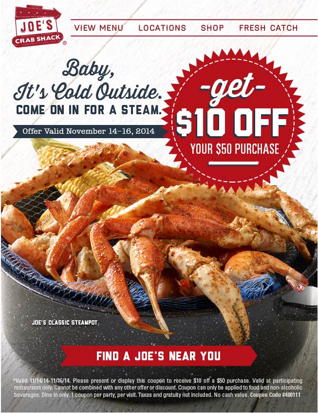 Joes Crab Shack Coupon April 2024 $10 off $50 at Joes Crab Shack restaurants