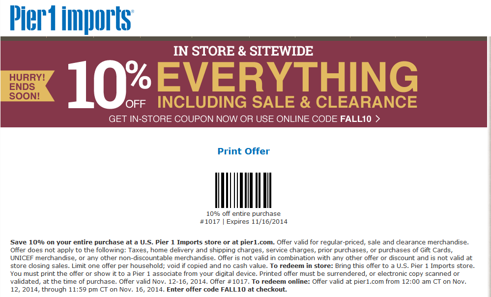 Pier 1 Coupon April 2024 10% off everything at Pier 1 Imports, or online via promo code FALL10