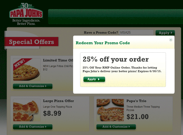 Papa Johns Coupon April 2024 25% off at Papa Johns pizza via promo code VISA25