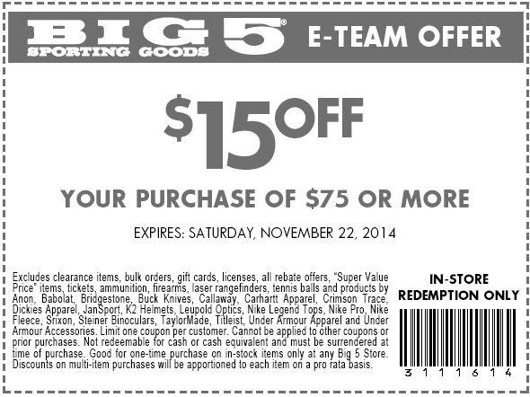 Big 5 Coupon April 2024 $15 off $75 at Big 5 sporting goods