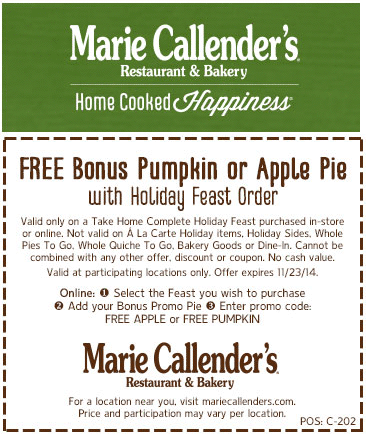 Marie Callenders Coupon April 2024 Pumpkin or apple pie free with your holiday feast at Marie Callenders restaurant