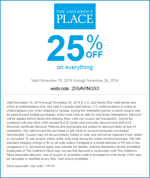 Childrens Place Coupon March 2024 25% off everything at The Childrens Place, or online via promo code 25SAVINGS3