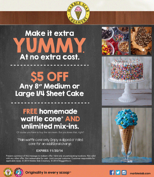 Marble Slab Creamery Coupon April 2024 Waffle cone & unlimited toppings free with any ice cream at Marble Slab Creamery