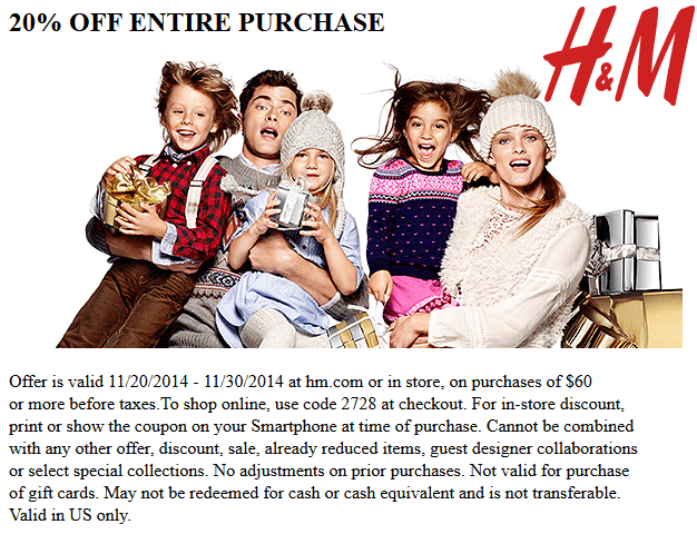 H&M Coupon March 2024 20% off $60 at H&M, or online via promo code 2728