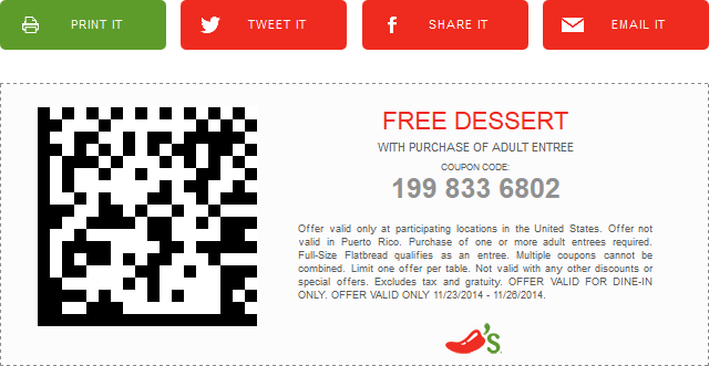 Chilis Coupon April 2024 Free dessert with your entree at Chilis