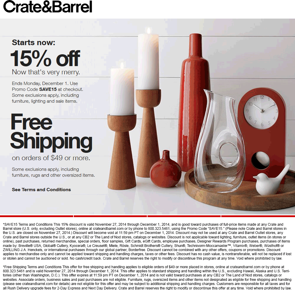 Crate & Barrel Coupon April 2024 15% off at Crate & Barrel, or online via promo code SAVE15