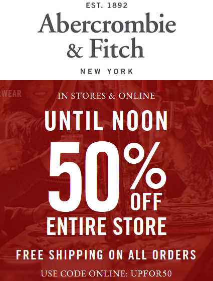 Abercrombie & Fitch Coupon April 2024 50% off the store til noon at Abercrombie & Fitch, or online via promo code UPFOR50