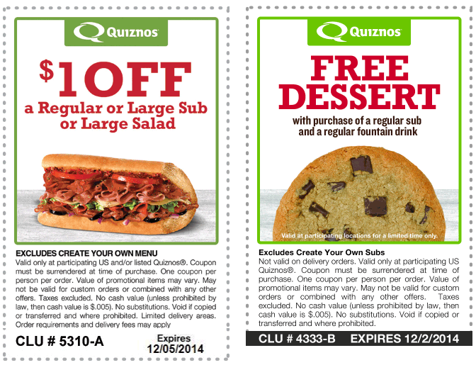 Quiznos Coupon April 2024 Shave off a buck or free dessert with your toasty meal at Quiznos