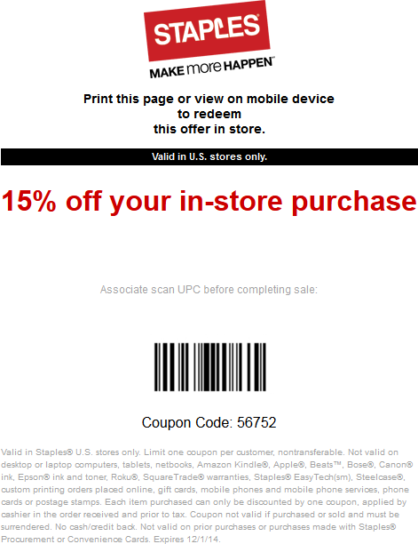 Staples Coupon April 2024 15% off at Staples